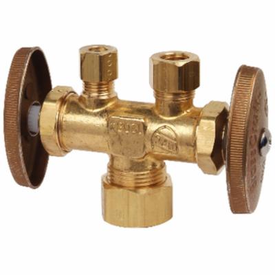 BrassCraft® CR1900DVSX R Multi-Turn Dual Outlet/Dual-Shut-Off Straight Stop, 1/2 x 3/8 x 1/4 in Nominal, Compression, 125 psi, Brass Body, Rough Brass, Domestic