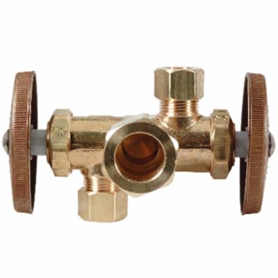 BrassCraft® CR1900DVX R Multi-Turn Dual Outlet/Dual-Shut-Off Angle Stop, 1/2 x 3/8 x 1/4 in Nominal, Compression, 125 psi, Brass Body, Rough Brass, Domestic