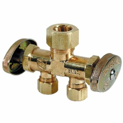 BrassCraft® CR1901DVSX R Multi-Turn Dual Outlet/Dual-Shut-Off Straight Stop, 1/2 x 3/8 x 3/8 in Nominal, Compression, 125 psi, Brass Body, Rough Brass, Domestic