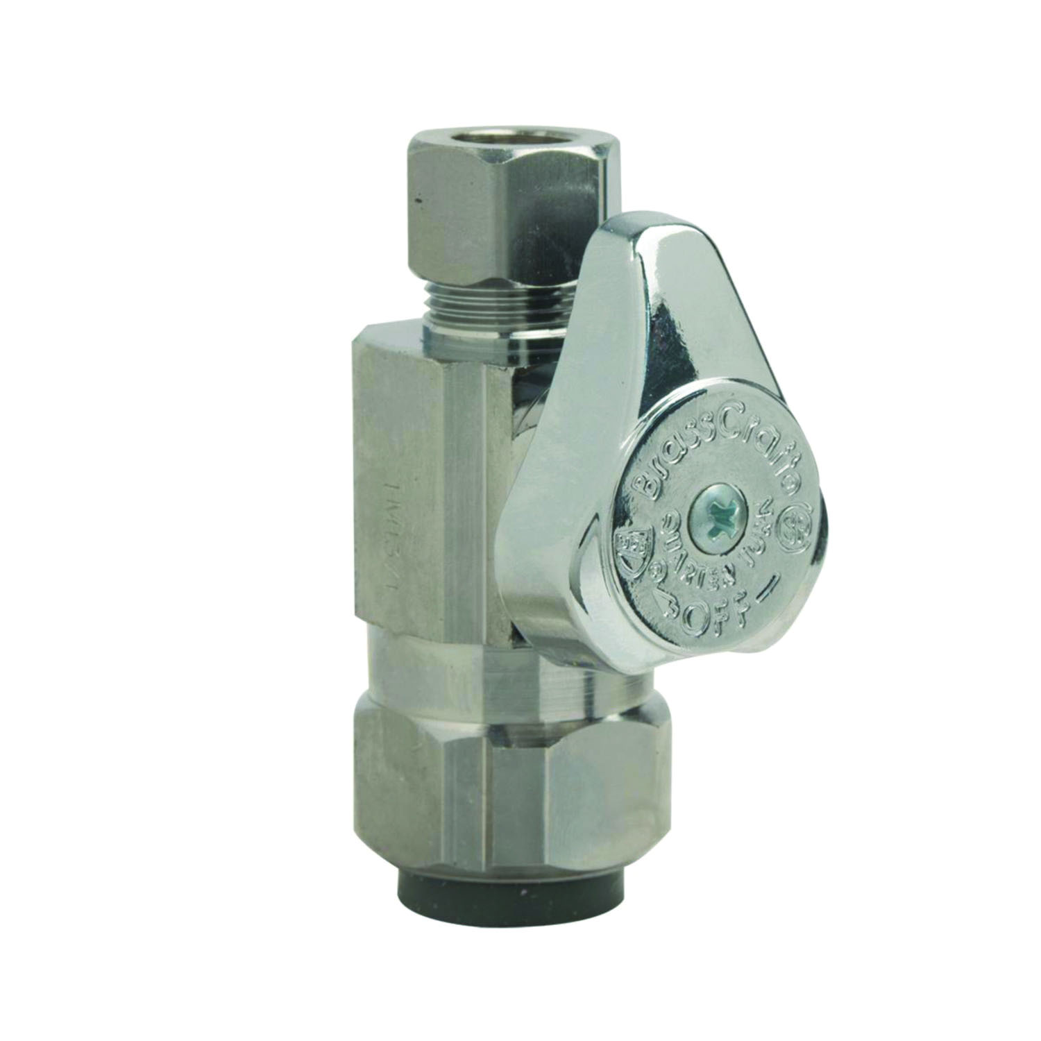 BrassCraft® G2PS14X C G2™ 1/4 Turn Straight Stop, 1/2 x 3/8 in Nominal, Push Connect x OD Compression, 125 psi, Brass Body, Polished Chrome, Domestic