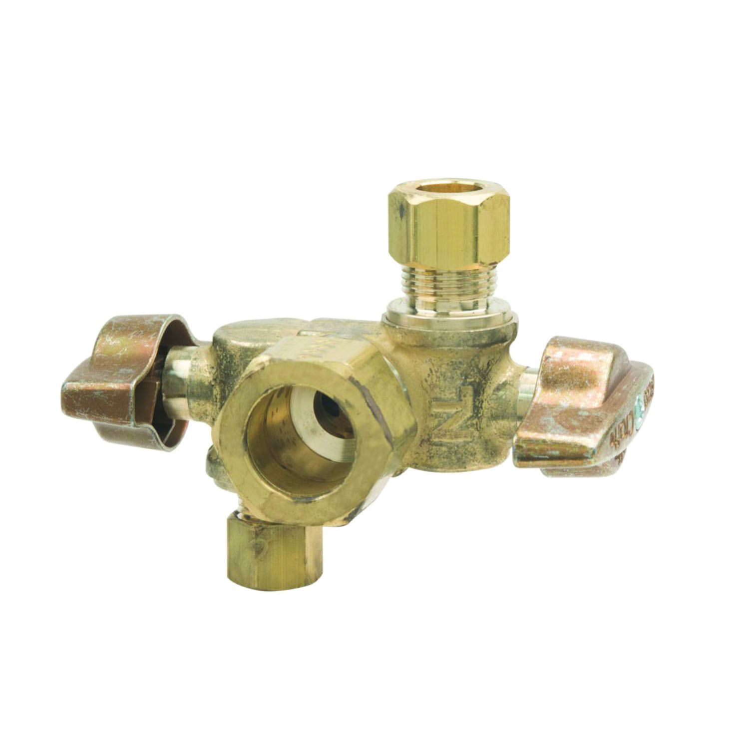 BrassCraft® KTCR1900DVX R KT™ 1/4 Turn Dual Outlet/Dual Shut-Off Ball Angle Stop, 1/2 x 3/8 X 1/4 in Nominal, Compression End Style, 125 psi Pressure, Brass Body, Rough Brass, Import