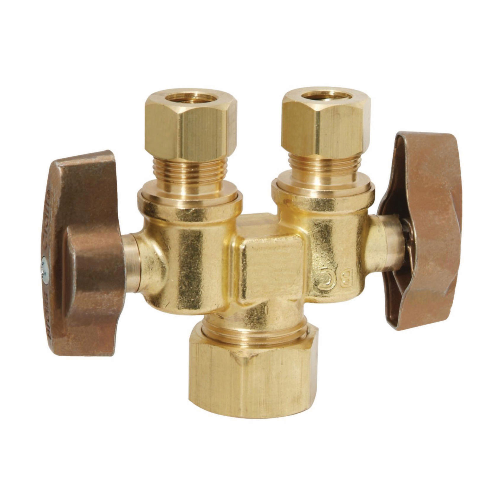BrassCraft® KTCR1901DVSX R KT™ 1/4 Turn Dual Outlet/Dual Shut-Off Ball Straight Stop, 1/2 x 3/8 X 3/8 in Nominal, Compression End Style, 125 psi Pressure, Brass Body, Rough Brass, Import