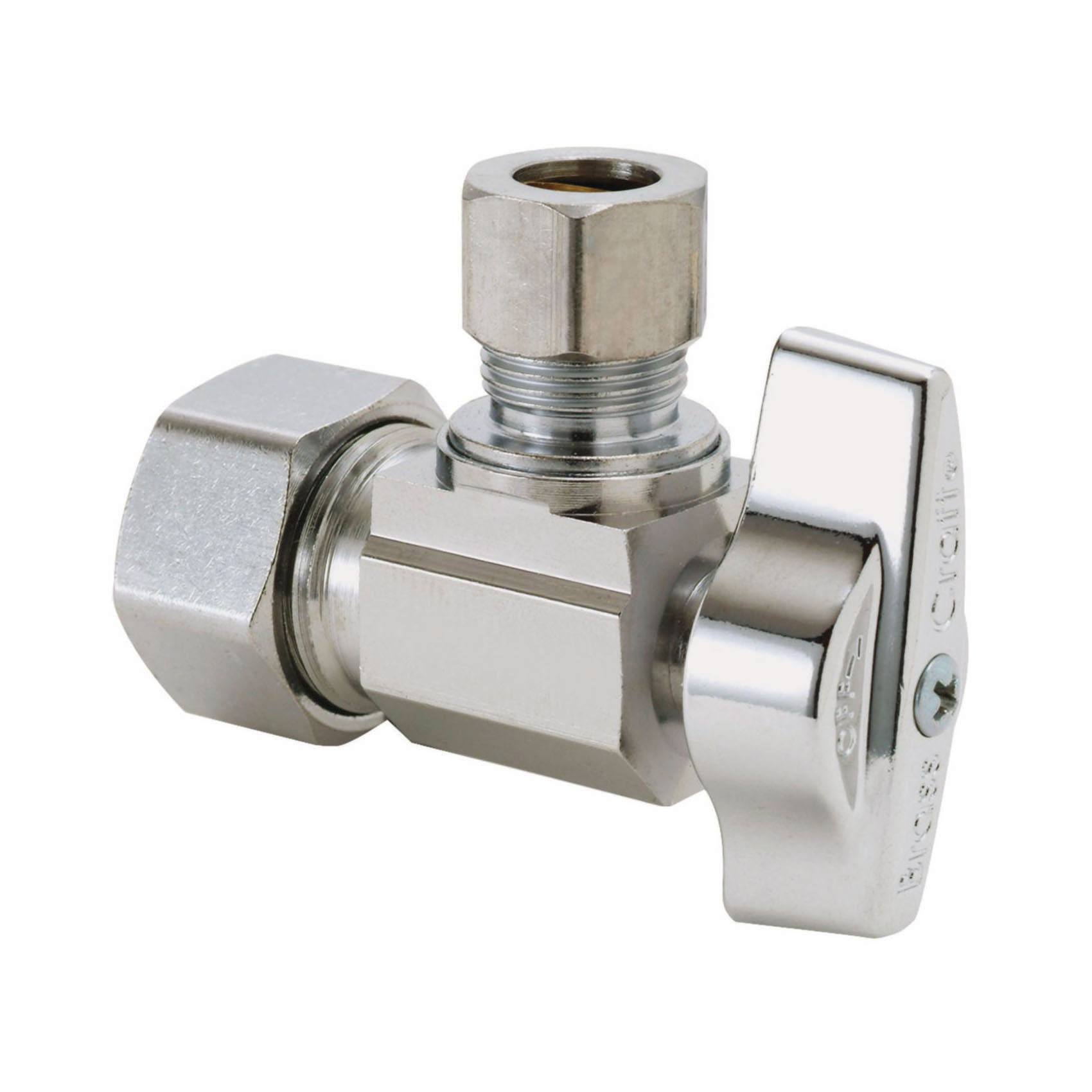 BrassCraft® KTCR19X C KT™ 1/4 Turn Angle Ball Stop, 1/2 x 3/8 in Nominal, Compression, 125 psi, Brass Body, Polished Chrome, Domestic
