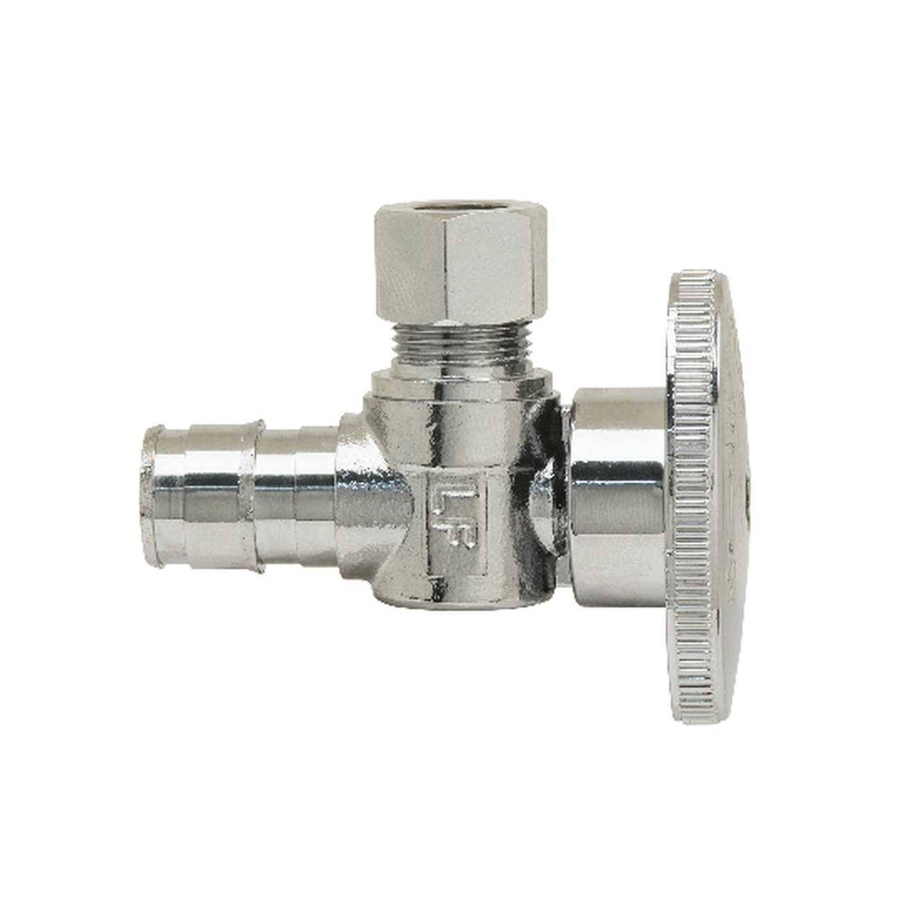 PlumbShop® RELIABLE VALUE™ PLB107X P Angle Style Quarter-Turn Supply Ball Stop, 1/2 x 3/8 in Nominal, Cold Expansion PEX Barb x OD Compression, 125 psi, Brass Body, Polished Chrome