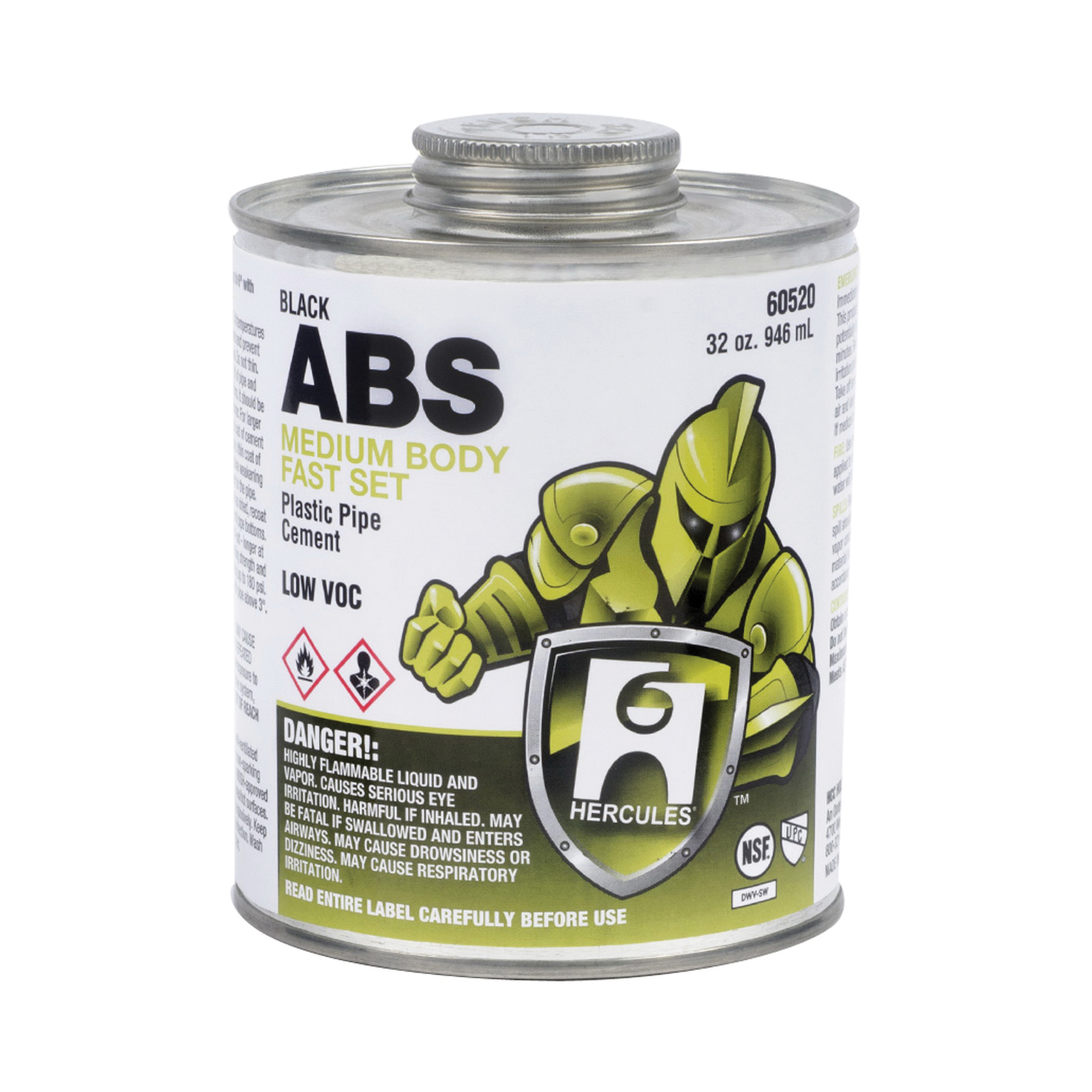 Hercules® 60515 Fast Set Low VOC Medium Body ABS Solvent Cement, 16 oz Container, Black, For Use With All Classes and Schedules ABS Pipe and Fittings Upto 6 in Dia/8 in Dia with Interference Fit