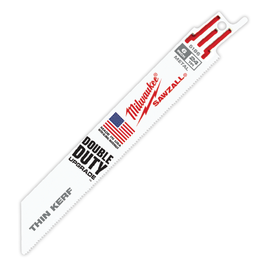 Milwaukee® SAWZALL® 48-00-5186 Double Duty Straight Back Thin Kerf Reciprocating Saw Blade, 6 in L x 3/4 in W, 24 TPI, Bi-Metal Body, Universal/Toothed Edge Tang
