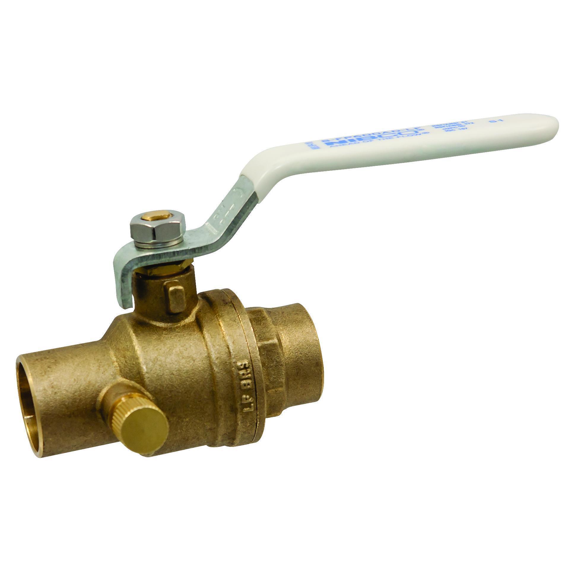 NIBCO® NJ999XA S-FP-600-AD-LF 2-Piece Ball Valve With Drain Port and Cap, 1 in Nominal, Solder End Style, Brass Body, Full Port, Fluorocarbon/PTFE Softgoods, Import