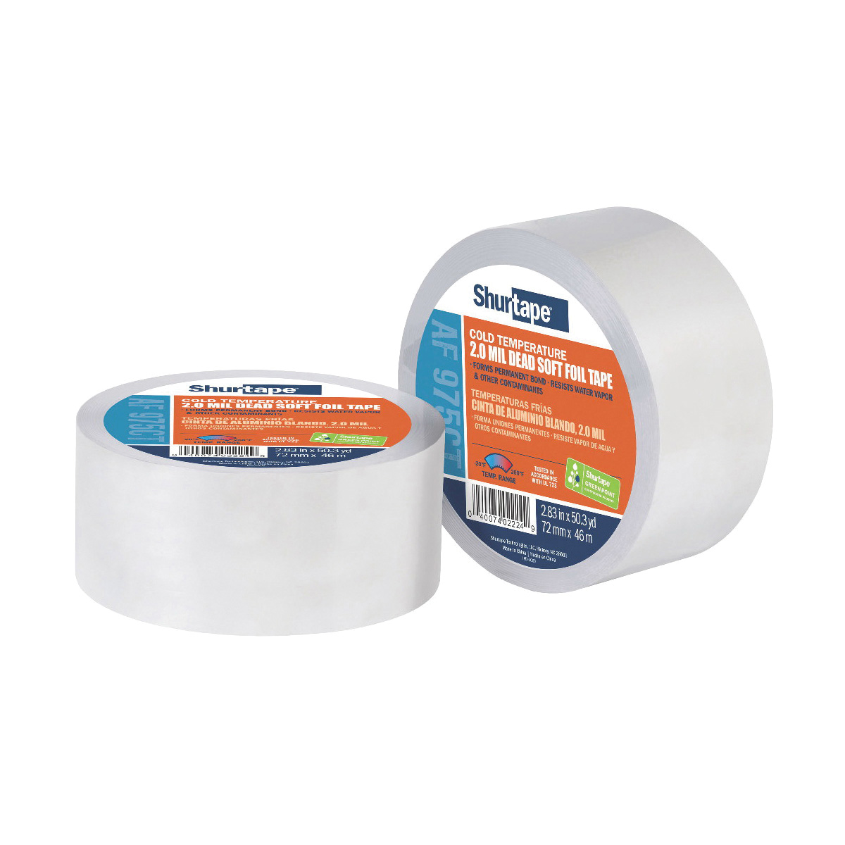 Shurtape® 232043 AF 975CT HVAC Contractor-Grade Foil Tape, 46 m L x 60 mm W, 7.3 mil with Liner/4 mil without Liner THK, Cold Temperature Acrylic Adhesive, Dead-Soft Aluminum Foil Backing, Silver
