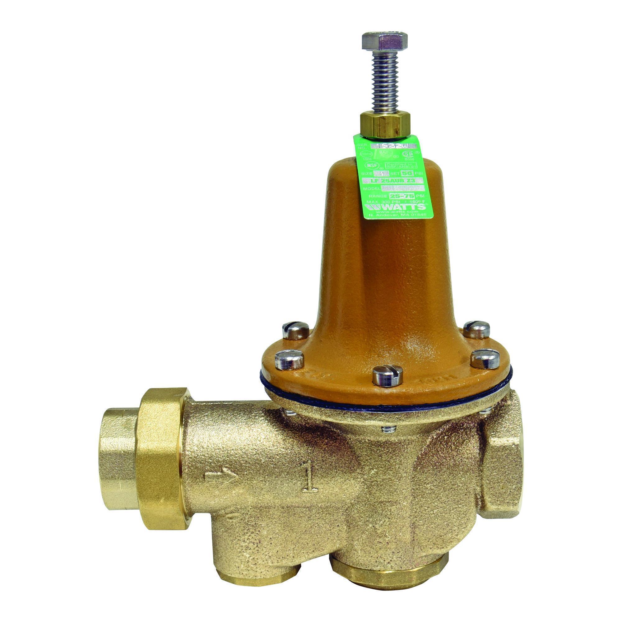WATTS® 0009309 LF25AUB-Z3 Pressure Reducing Valve, 1 in Nominal, FNPT Union x FNPT End Style, 25 to 75 psi Pressure, Cast Copper Silicon Alloy Body, Domestic