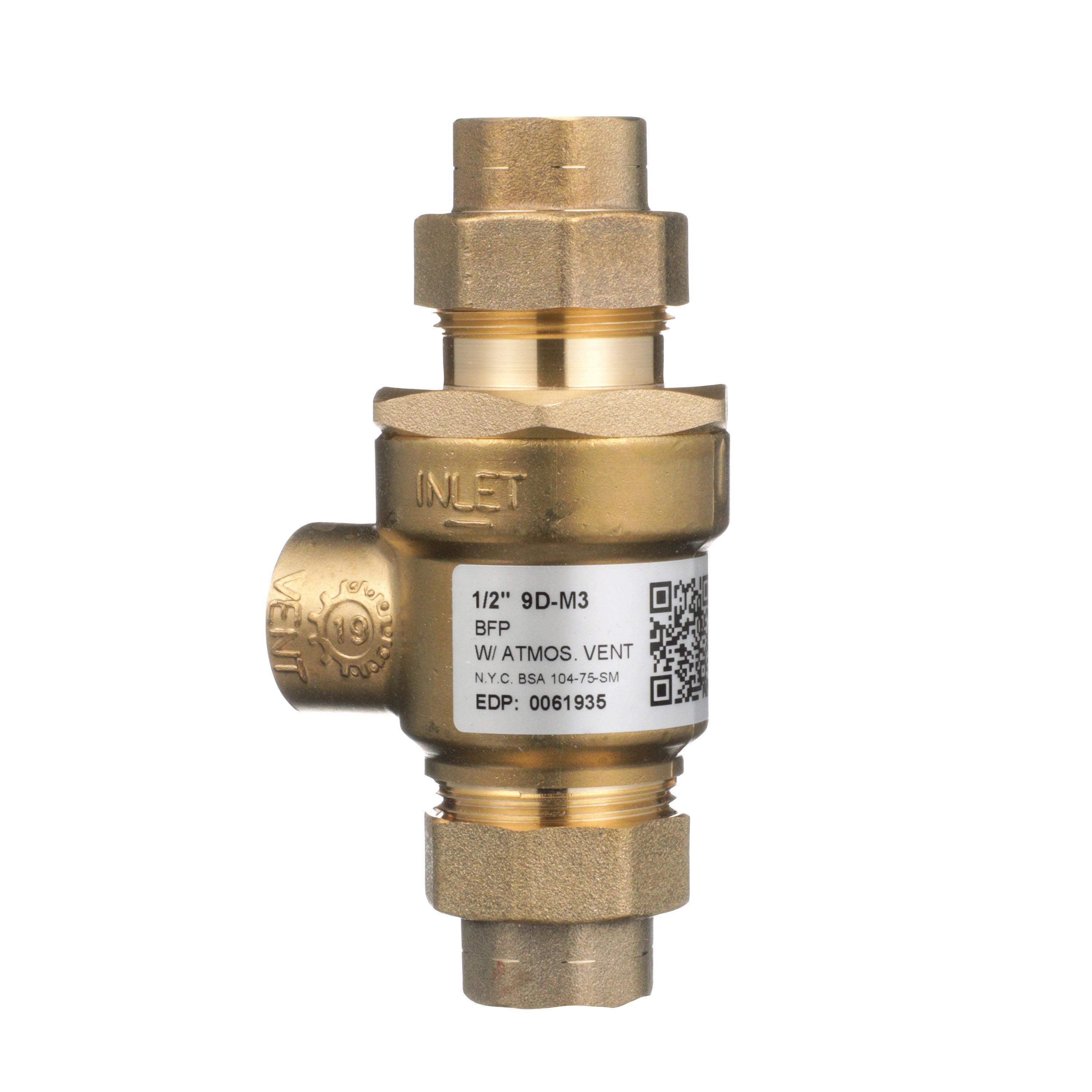 WATTS® 0061935 9D M3 Backflow Preventer, 1/2 in Nominal, Union FNPT x Union Joint End Style, Forged Brass Body, Dual Check, Domestic