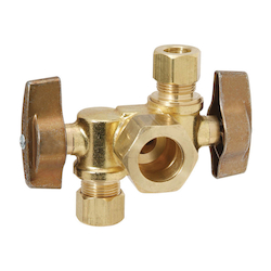 BrassCraft® KTCR1901DVX R KT™ 1/4 Turn Dual Outlet/Dual Shut-Off Ball Angle Stop, 1/2 x 3/8 x 3/8 in Nominal, Compression End Style, 125 psi Pressure, Brass Body, Rough Brass, Import